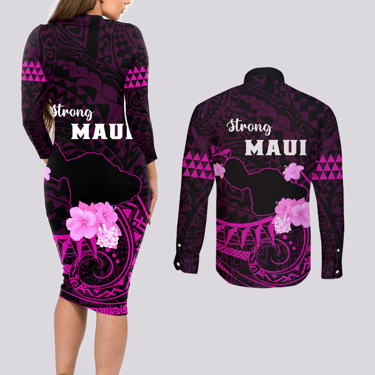 Hawaii Strong Maui Couples Matching Long Sleeve Bodycon Dress and Long Sleeve Button Shirt Lahaina Is Not For Sale LT05 - Polynesian Pride