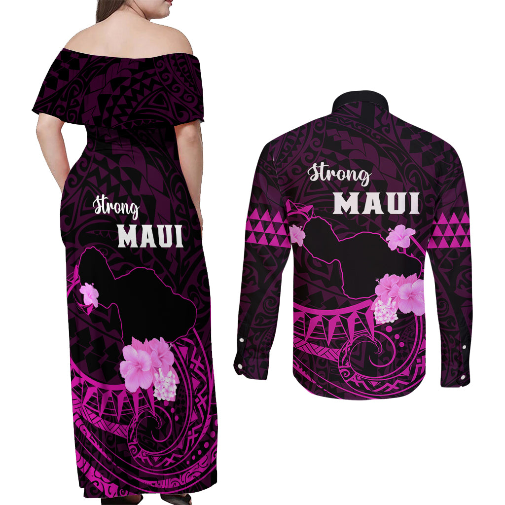 Hawaii Strong Maui Couples Matching Off Shoulder Maxi Dress and Long Sleeve Button Shirt Lahaina Is Not For Sale LT05 - Polynesian Pride