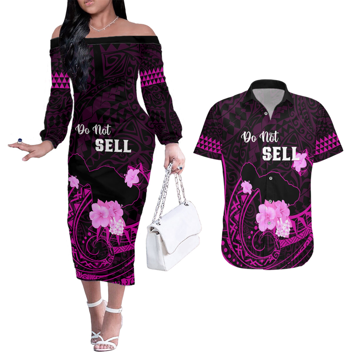 Hawaii Strong Maui Couples Matching Off The Shoulder Long Sleeve Dress and Hawaiian Shirt Lahaina Is Not For Sale LT05 Pink - Polynesian Pride
