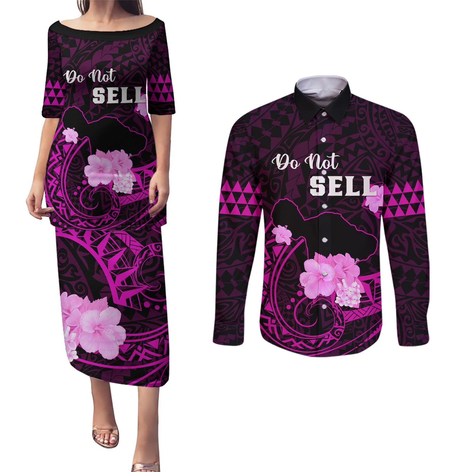 Hawaii Strong Maui Couples Matching Puletasi Dress and Long Sleeve Button Shirt Lahaina Is Not For Sale LT05 Pink - Polynesian Pride