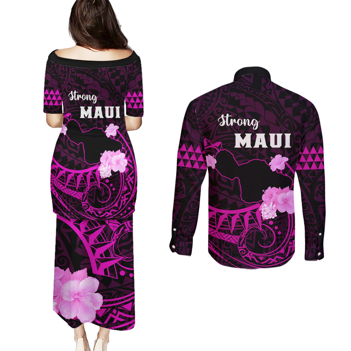 Hawaii Strong Maui Couples Matching Puletasi Dress and Long Sleeve Button Shirt Lahaina Is Not For Sale LT05 - Polynesian Pride