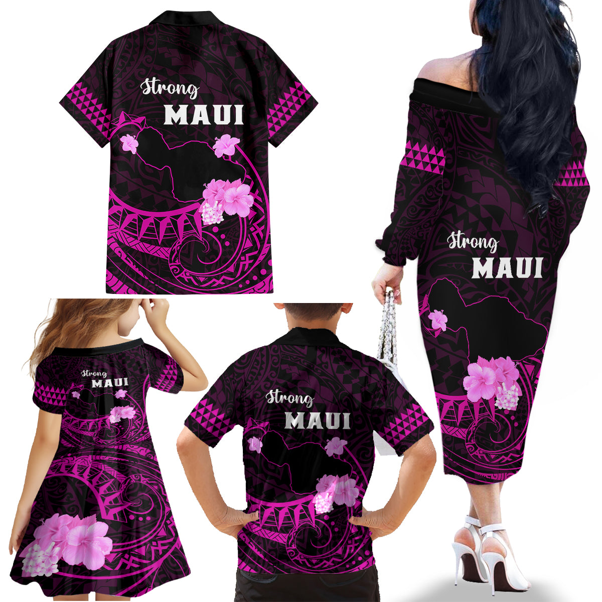 Hawaii Strong Maui Family Matching Off Shoulder Long Sleeve Dress and Hawaiian Shirt Lahaina Is Not For Sale LT05 - Polynesian Pride