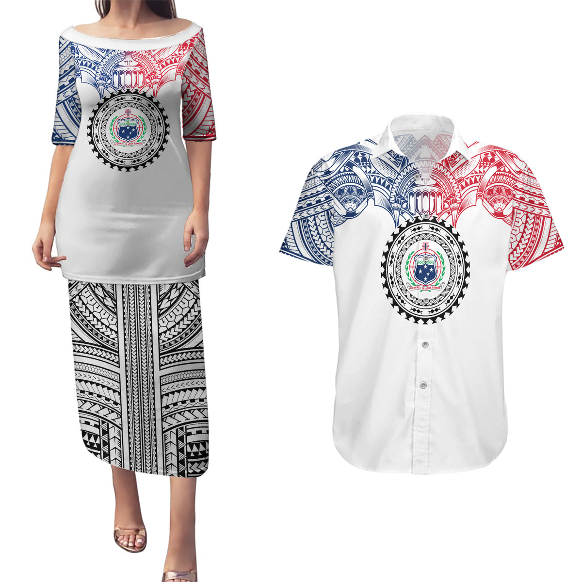 Samoa Black Saturday Couples Matching Puletasi Dress and Hawaiian Shirt Polynesian Tribal Simple Style LT05 White - Polynesian Pride