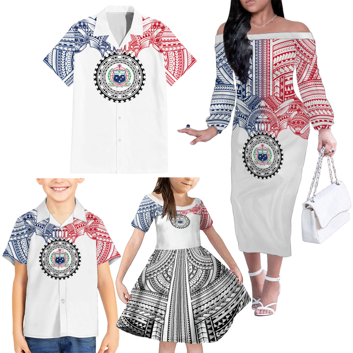 Samoa Black Saturday Family Matching Off Shoulder Long Sleeve Dress and Hawaiian Shirt Polynesian Tribal Simple Style LT05 - Polynesian Pride