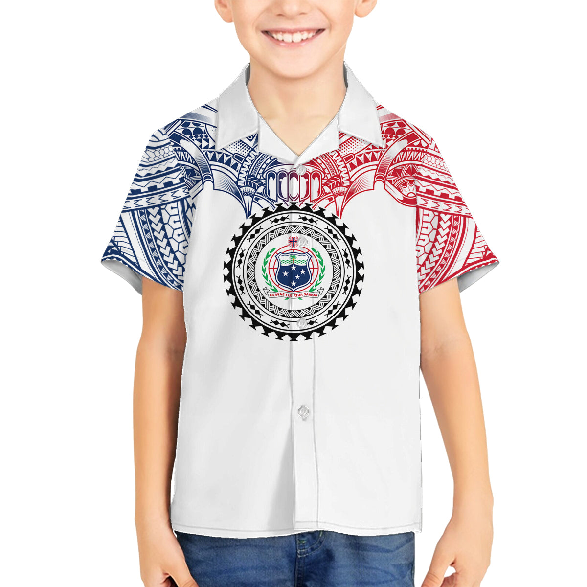 Samoa Black Saturday Family Matching Off Shoulder Long Sleeve Dress and Hawaiian Shirt Polynesian Tribal Simple Style LT05 Son's Shirt White - Polynesian Pride