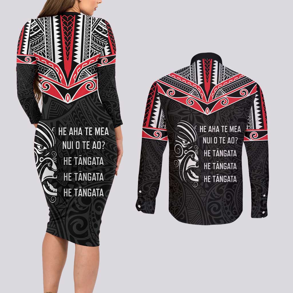 Aotearoa Toitu Te Tiriti Couples Matching Long Sleeve Bodycon Dress and Long Sleeve Button Shirt New Zealand Honour The Treaty