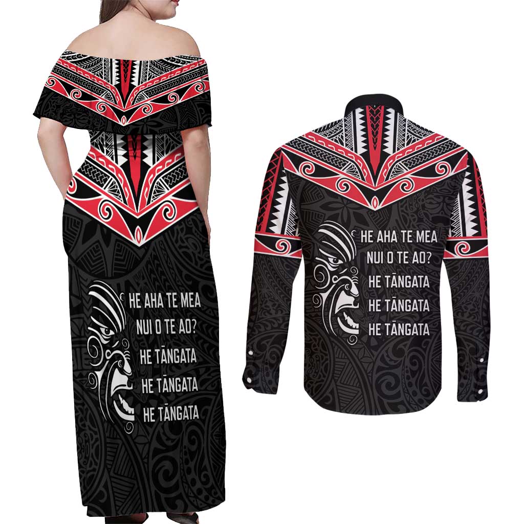 Aotearoa Toitu Te Tiriti Couples Matching Off Shoulder Maxi Dress and Long Sleeve Button Shirt New Zealand Honour The Treaty