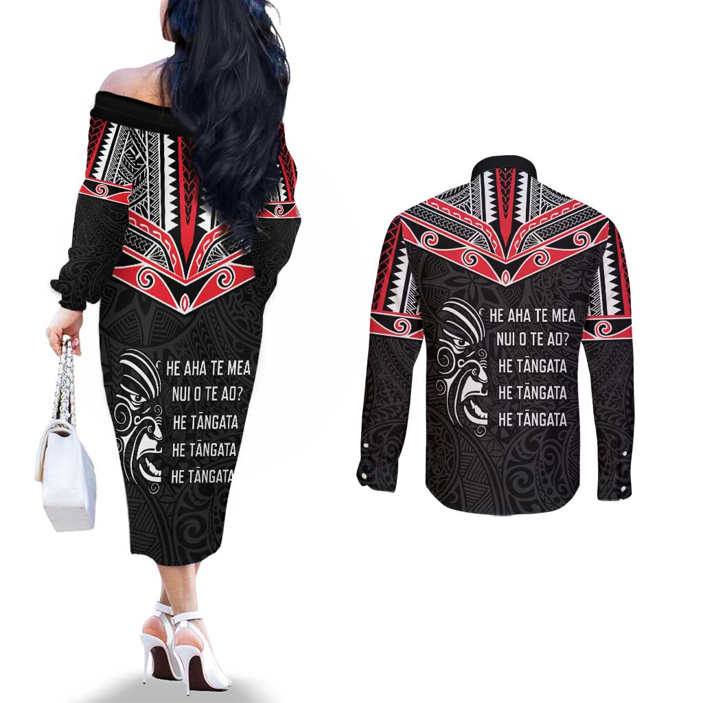Aotearoa Toitu Te Tiriti Couples Matching Off The Shoulder Long Sleeve Dress and Long Sleeve Button Shirt New Zealand Honour The Treaty