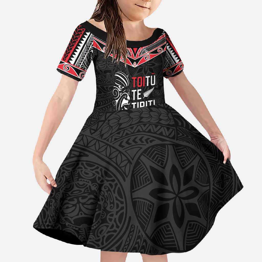 Aotearoa Toitu Te Tiriti Family Matching Tank Maxi Dress and Hawaiian Shirt New Zealand Honour The Treaty LT05 Daughter's Dress Black - Polynesian Pride