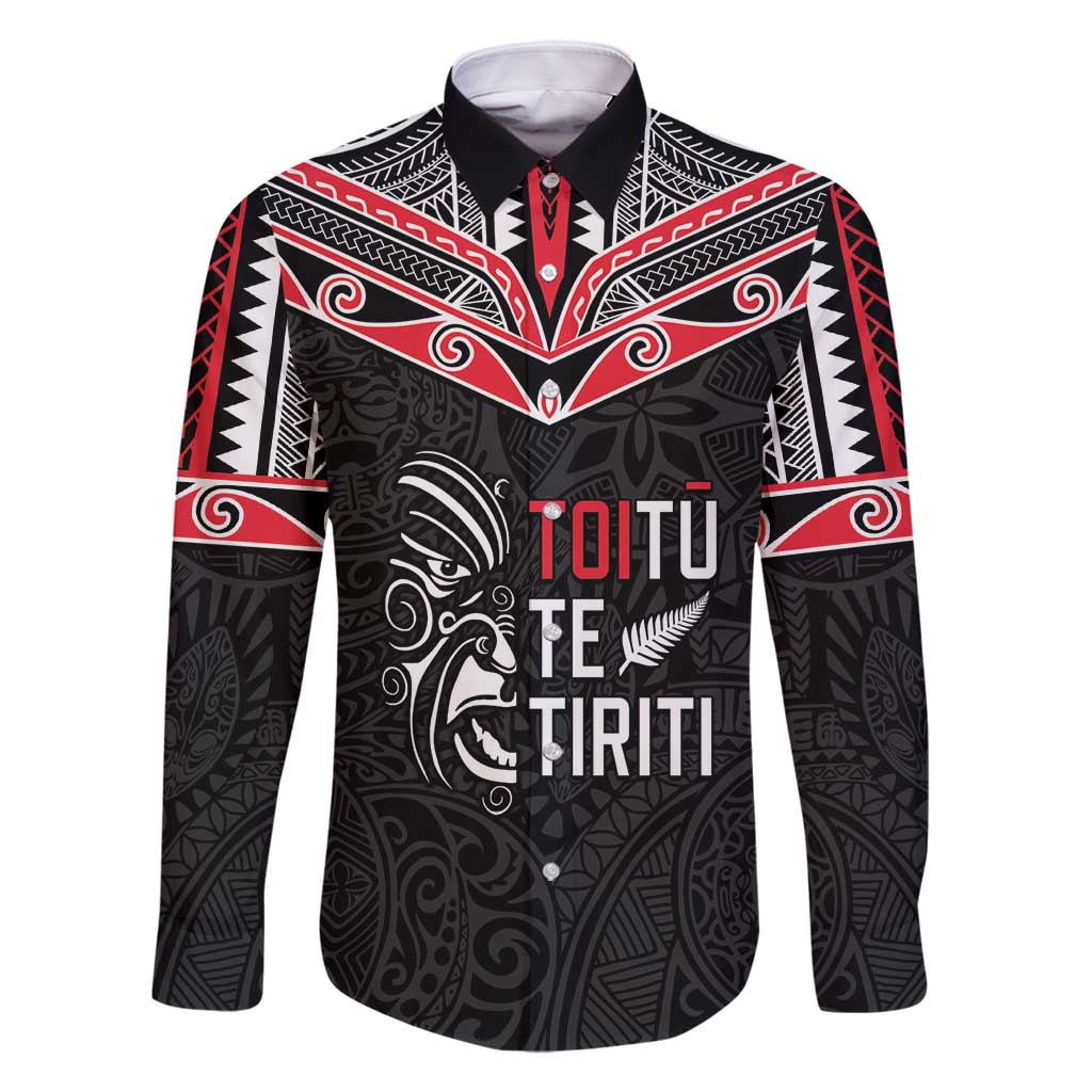 Aotearoa Toitu Te Tiriti Family Matching Tank Maxi Dress and Hawaiian Shirt New Zealand Honour The Treaty LT05 Dad's Shirt - Long Sleeve Black - Polynesian Pride