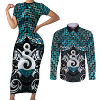 New Zealand Maori Couples Matching Short Sleeve Bodycon Dress and Long Sleeve Button Shirt Poutama Pikorua Turquoise Paua Shell