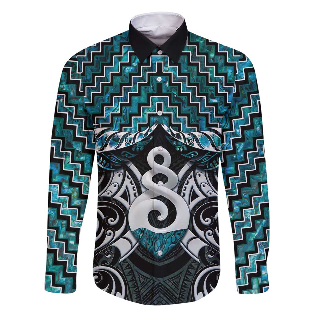 New Zealand Maori Family Matching Mermaid Dress and Hawaiian Shirt Poutama Pikorua Turquoise Paua Shell LT05 Dad's Shirt - Long Sleeve Turquoise - Polynesian Pride