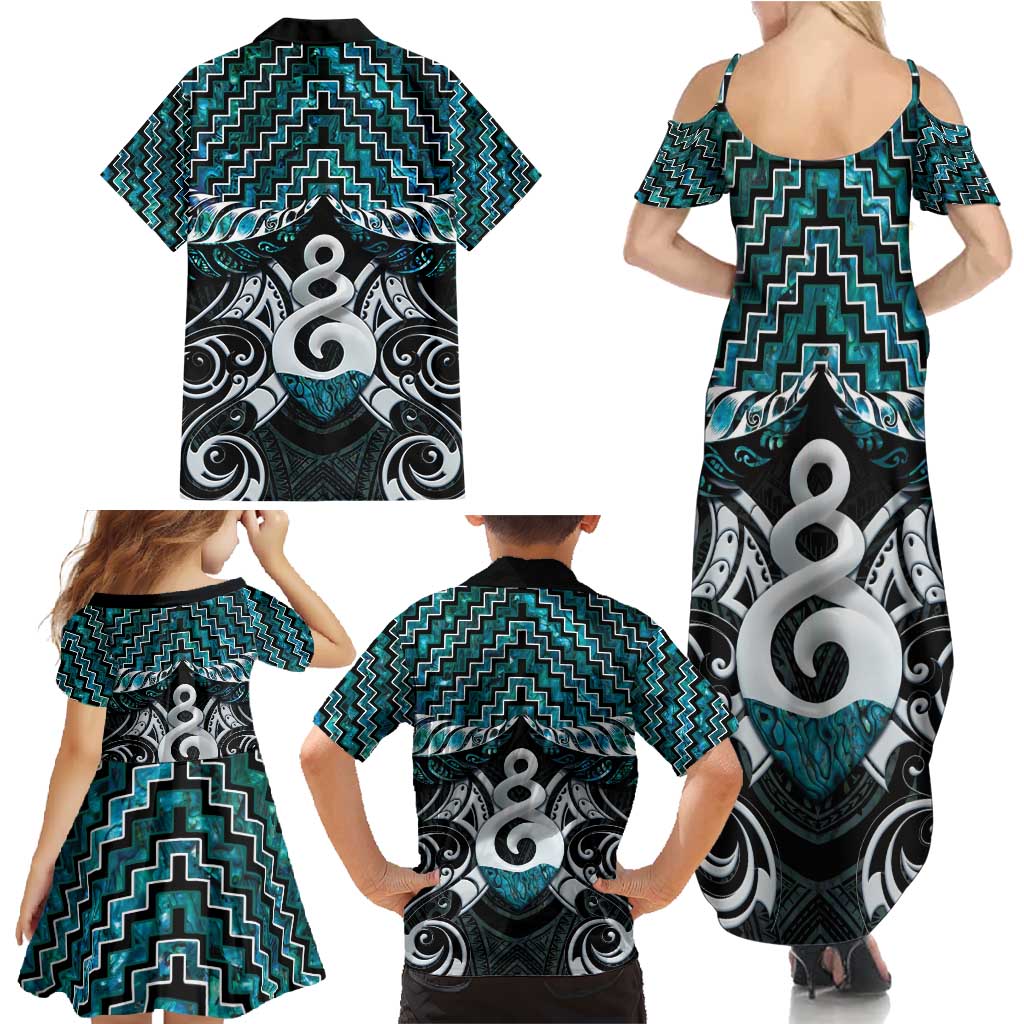New Zealand Maori Family Matching Summer Maxi Dress and Hawaiian Shirt Poutama Pikorua Turquoise Paua Shell