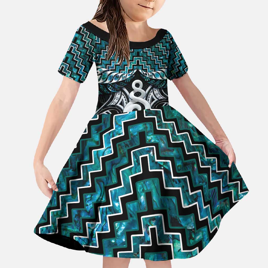 New Zealand Maori Family Matching Tank Maxi Dress and Hawaiian Shirt Poutama Pikorua Turquoise Paua Shell LT05 Daughter's Dress Turquoise - Polynesian Pride