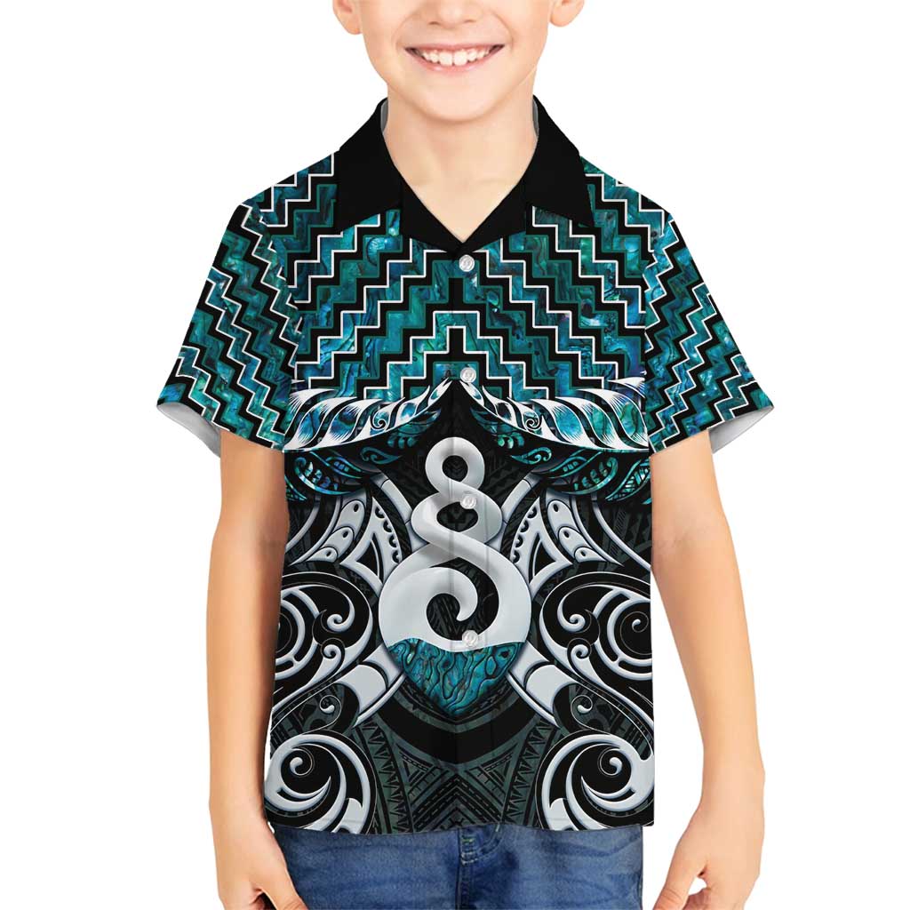 New Zealand Maori Family Matching Tank Maxi Dress and Hawaiian Shirt Poutama Pikorua Turquoise Paua Shell LT05 Son's Shirt Turquoise - Polynesian Pride
