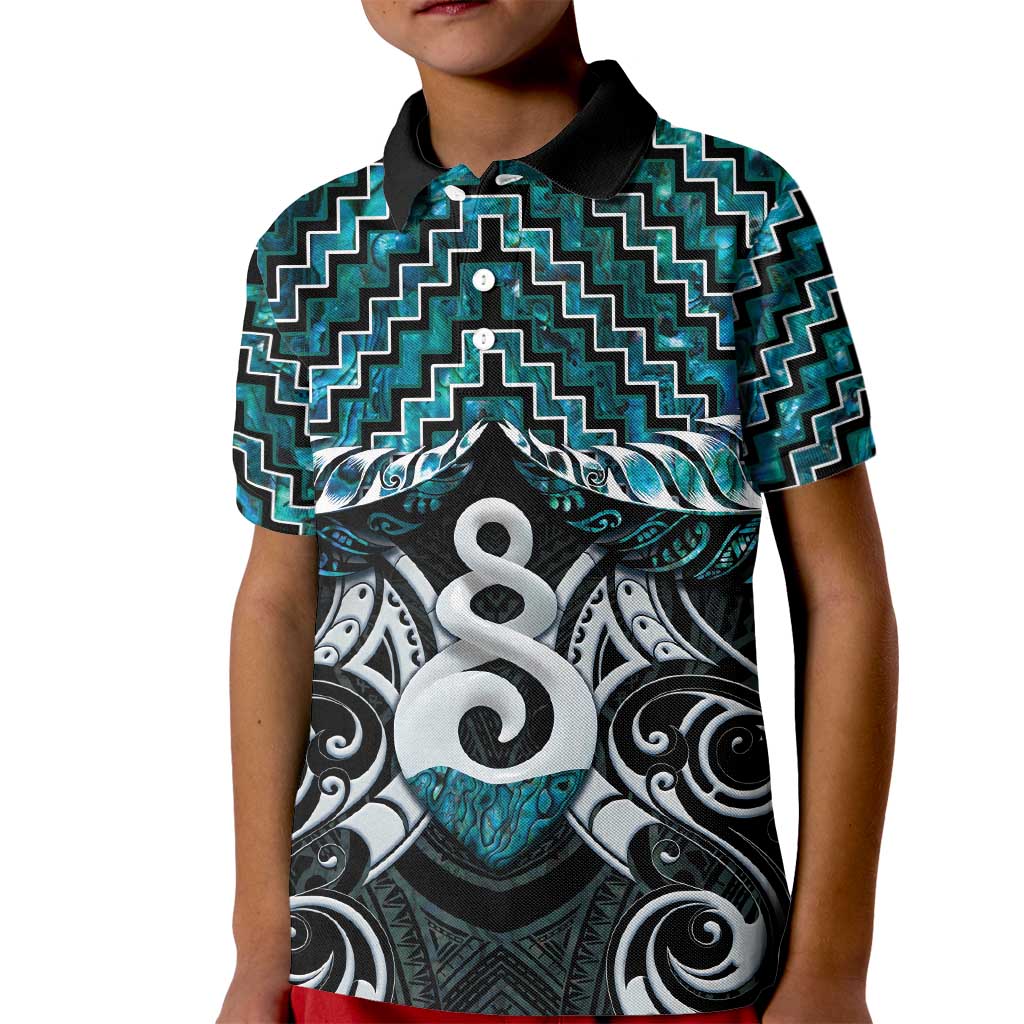 New Zealand Maori Kid Polo Shirt Poutama Pikorua Turquoise Paua Shell