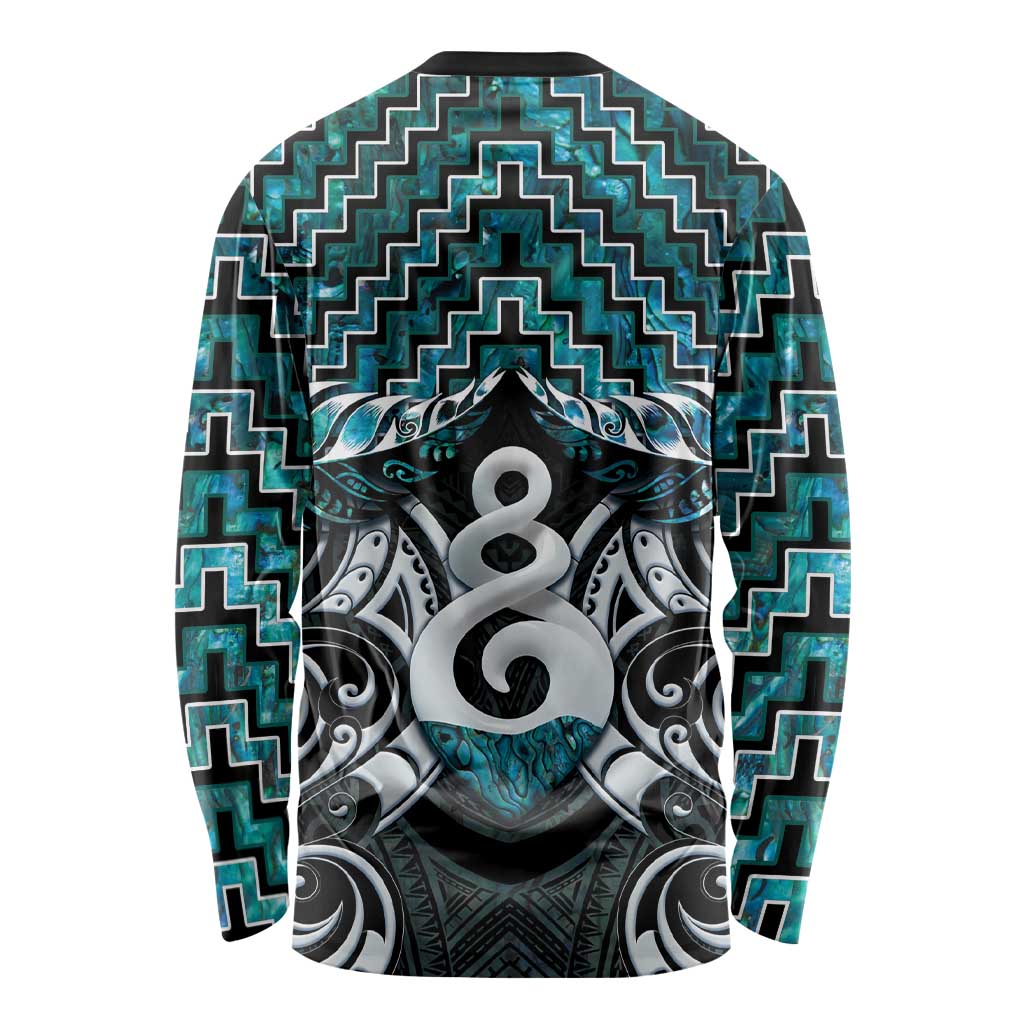 New Zealand Maori Long Sleeve Shirt Poutama Pikorua Turquoise Paua Shell