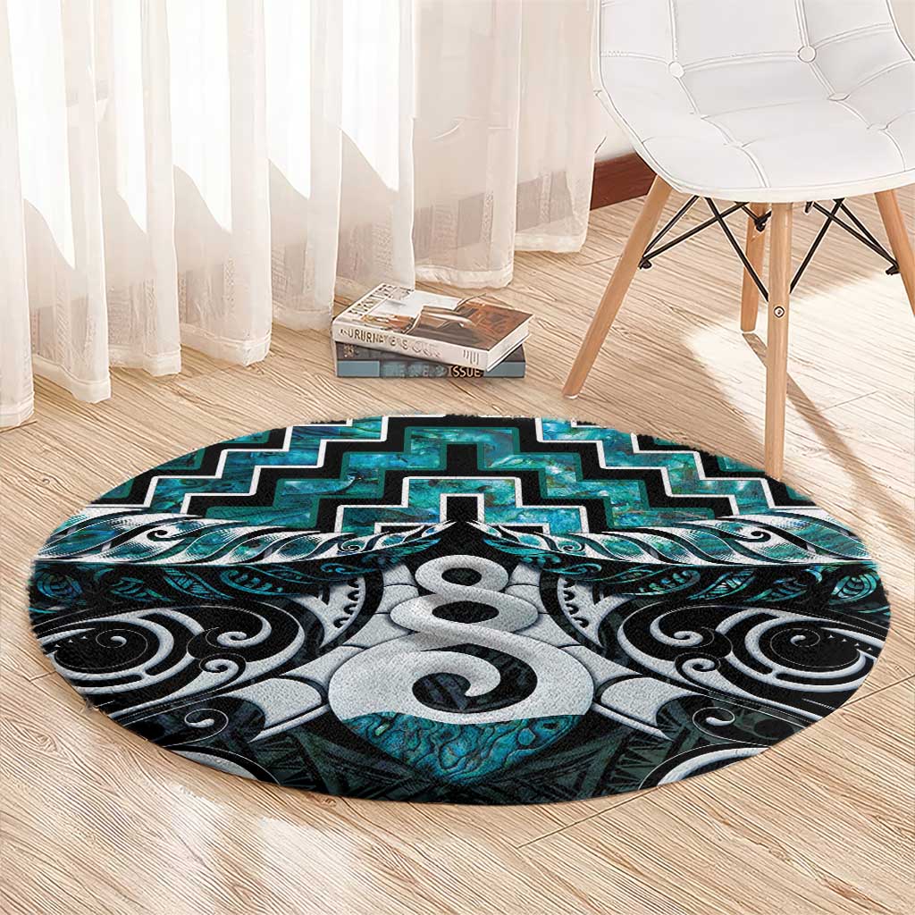 New Zealand Maori Round Carpet Poutama Pikorua Turquoise Paua Shell