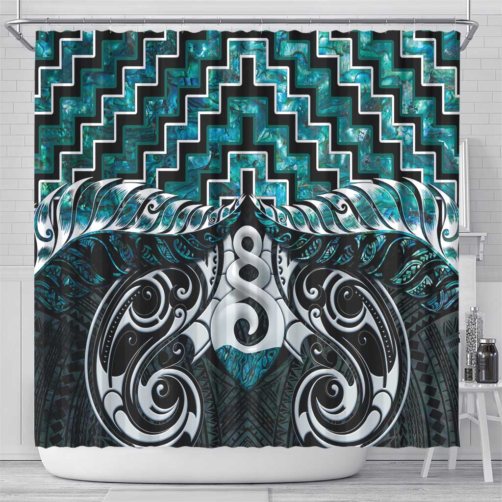New Zealand Maori Shower Curtain Poutama Pikorua Turquoise Paua Shell