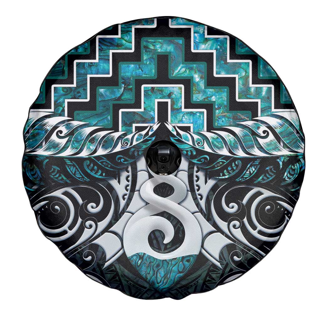 New Zealand Maori Spare Tire Cover Poutama Pikorua Turquoise Paua Shell