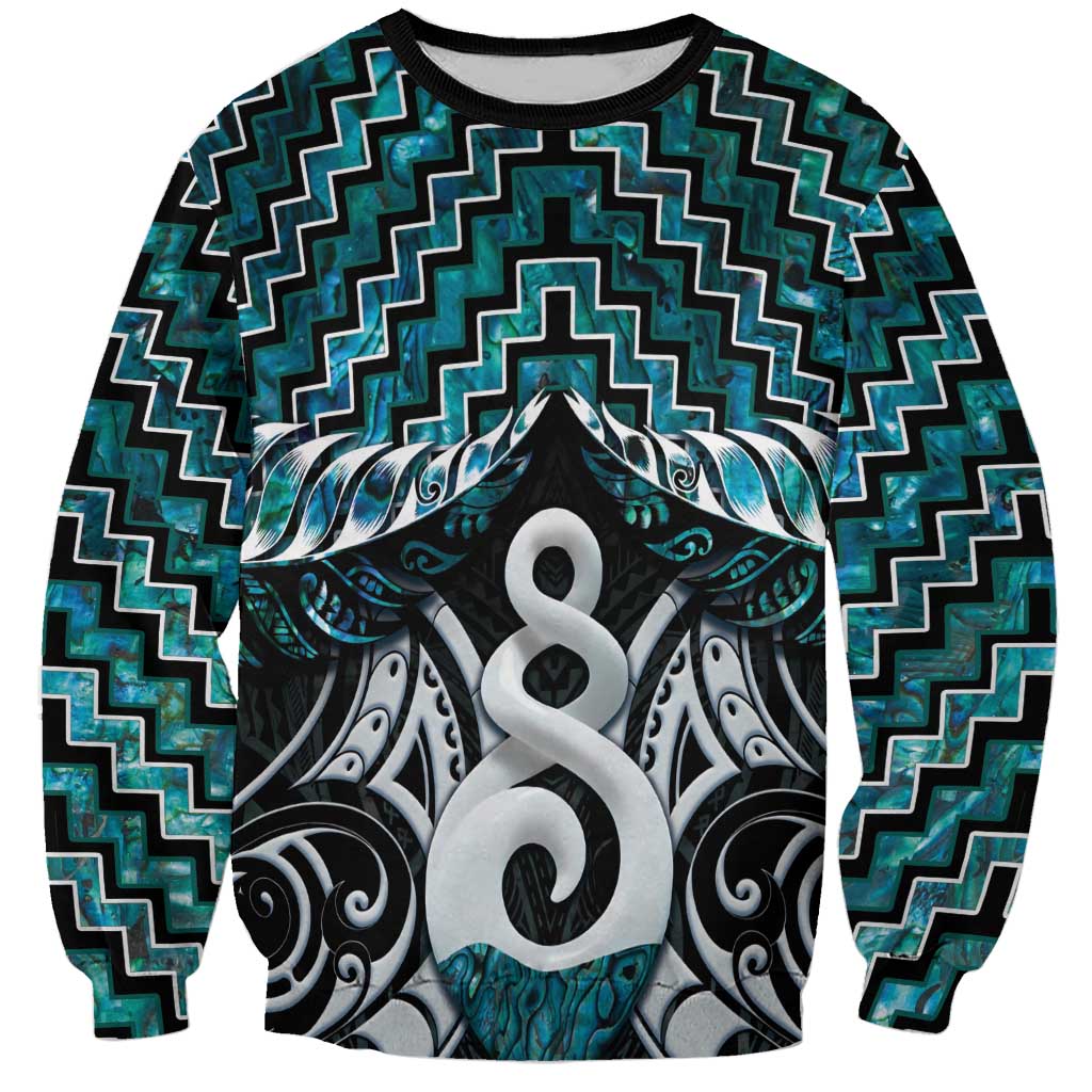New Zealand Maori Sweatshirt Poutama Pikorua Turquoise Paua Shell