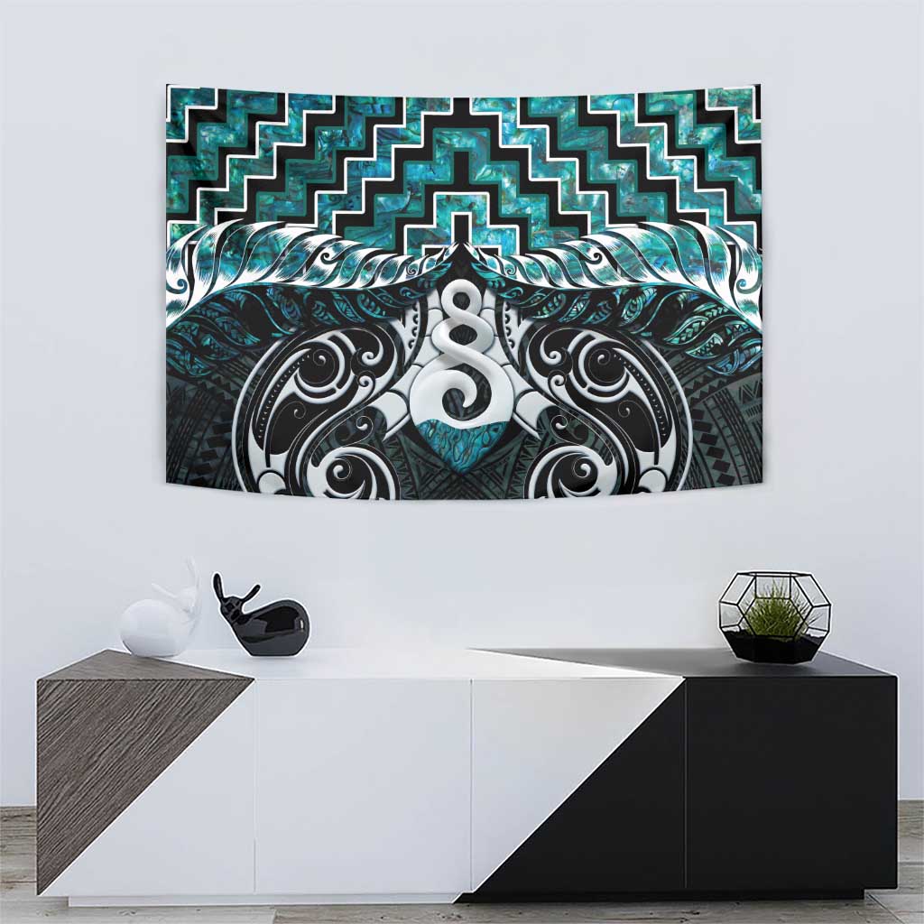 New Zealand Maori Tapestry Poutama Pikorua Turquoise Paua Shell