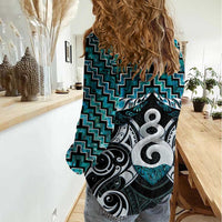 New Zealand Maori Women Casual Shirt Poutama Pikorua Turquoise Paua Shell