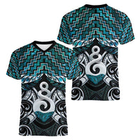 New Zealand Maori Women V-Neck T-Shirt Poutama Pikorua Turquoise Paua Shell