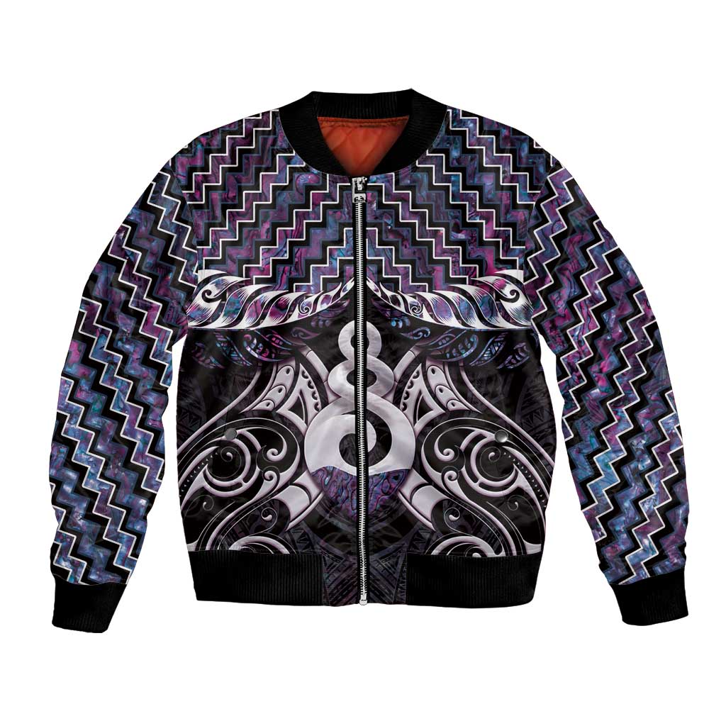 New Zealand Maori Bomber Jacket Poutama Pikorua Purple Paua Shell LT05 Unisex Purple - Polynesian Pride