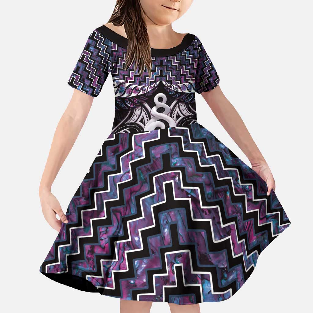 New Zealand Maori Family Matching Tank Maxi Dress and Hawaiian Shirt Poutama Pikorua Purple Paua Shell LT05 Daughter's Dress Purple - Polynesian Pride