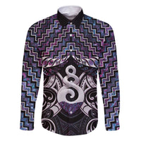 New Zealand Maori Family Matching Tank Maxi Dress and Hawaiian Shirt Poutama Pikorua Purple Paua Shell LT05 Dad's Shirt - Long Sleeve Purple - Polynesian Pride