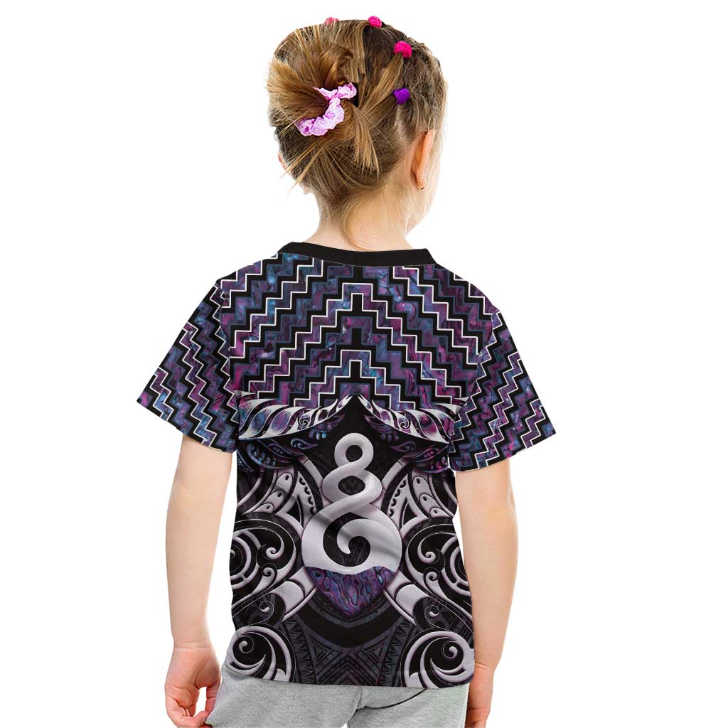New Zealand Maori Kid T Shirt Poutama Pikorua Purple Paua Shell