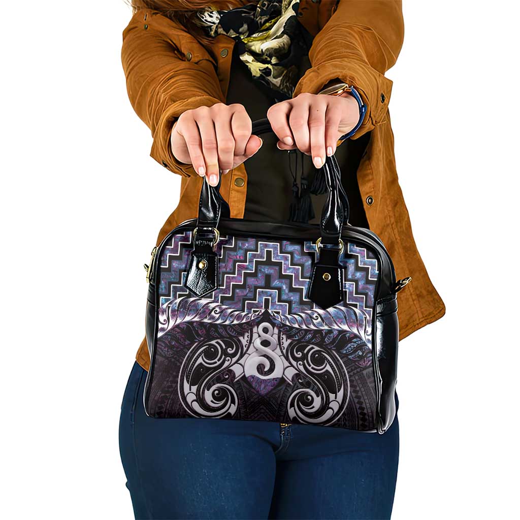 New Zealand Maori Shoulder Handbag Poutama Pikorua Purple Paua Shell LT05 One Size Purple - Polynesian Pride