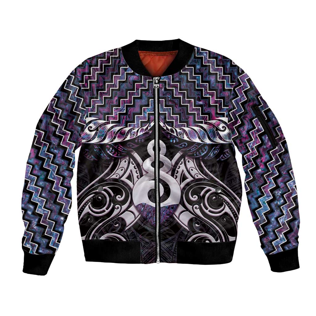 New Zealand Maori Sleeve Zip Bomber Jacket Poutama Pikorua Purple Paua Shell LT05 Unisex Purple - Polynesian Pride