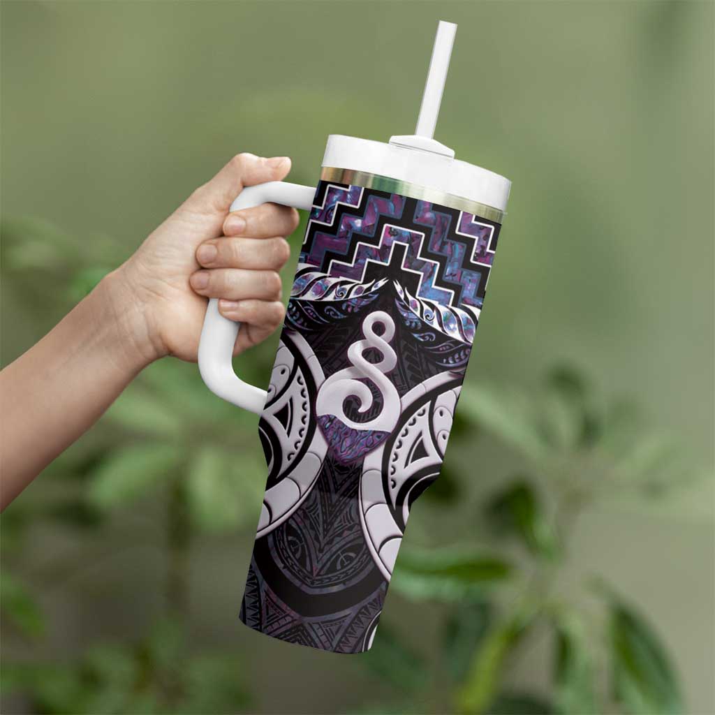 New Zealand Maori Tumbler With Handle Poutama Pikorua Purple Paua Shell