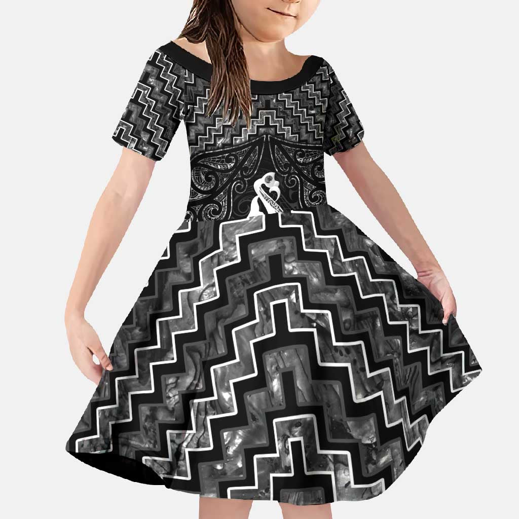 New Zealand Maori Family Matching Tank Maxi Dress and Hawaiian Shirt Poutama Manaia Black Paua Shell LT05 Daughter's Dress Black - Polynesian Pride