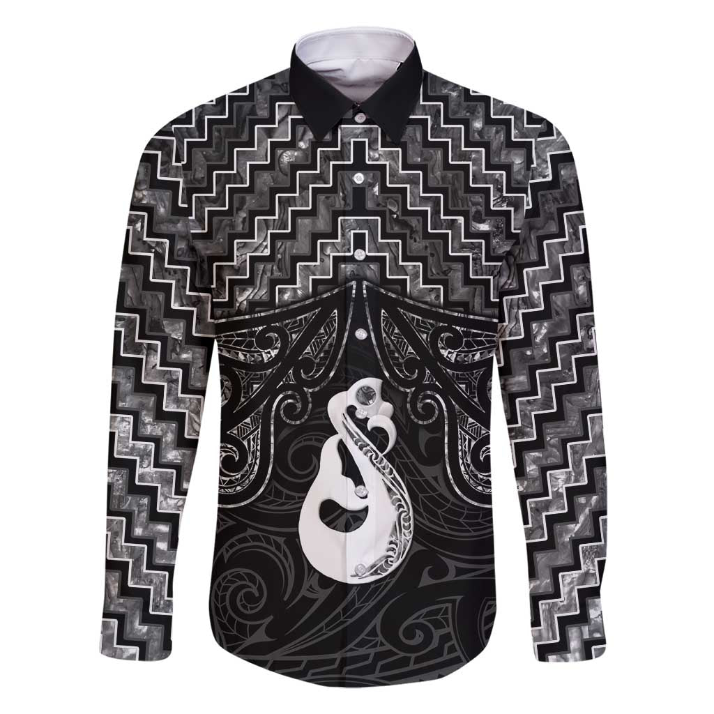New Zealand Maori Family Matching Tank Maxi Dress and Hawaiian Shirt Poutama Manaia Black Paua Shell LT05 Dad's Shirt - Long Sleeve Black - Polynesian Pride