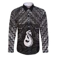 New Zealand Maori Family Matching Tank Maxi Dress and Hawaiian Shirt Poutama Manaia Black Paua Shell LT05 Dad's Shirt - Long Sleeve Black - Polynesian Pride