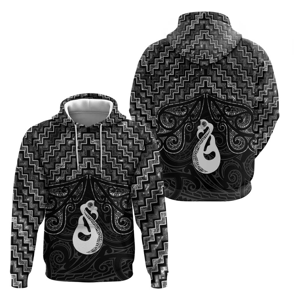 New Zealand Maori Hoodie Poutama Manaia Black Paua Shell