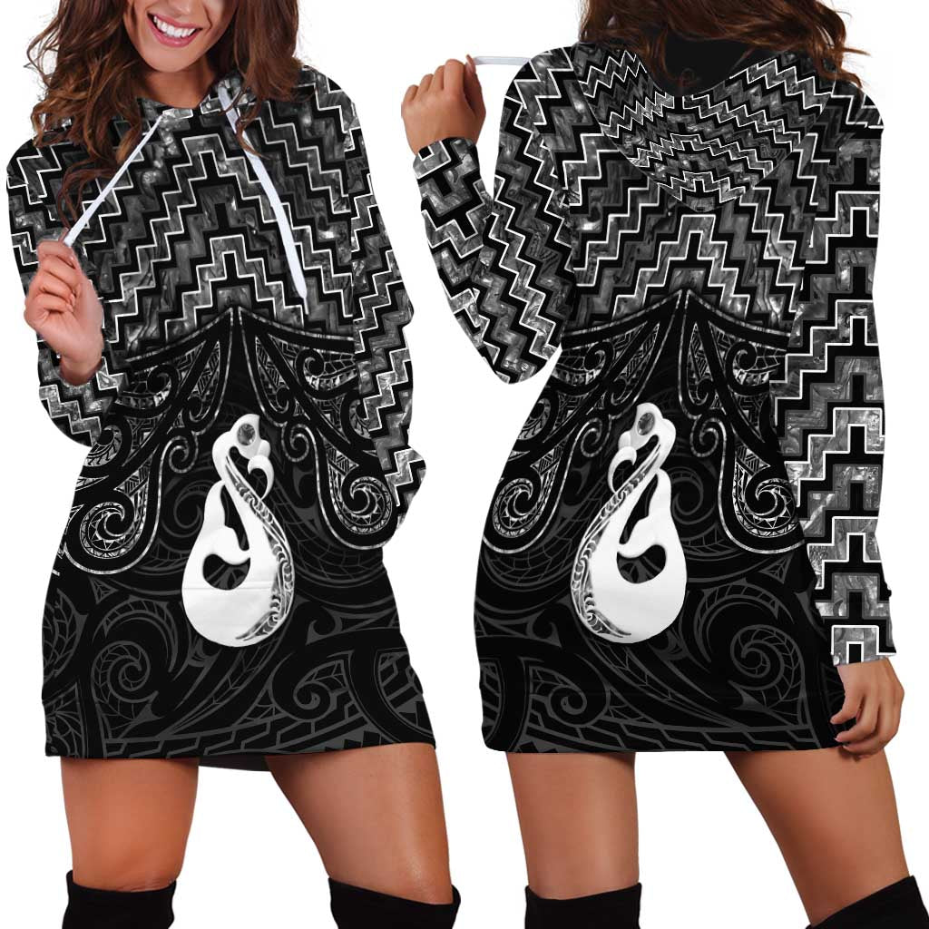 New Zealand Maori Hoodie Dress Poutama Manaia Black Paua Shell