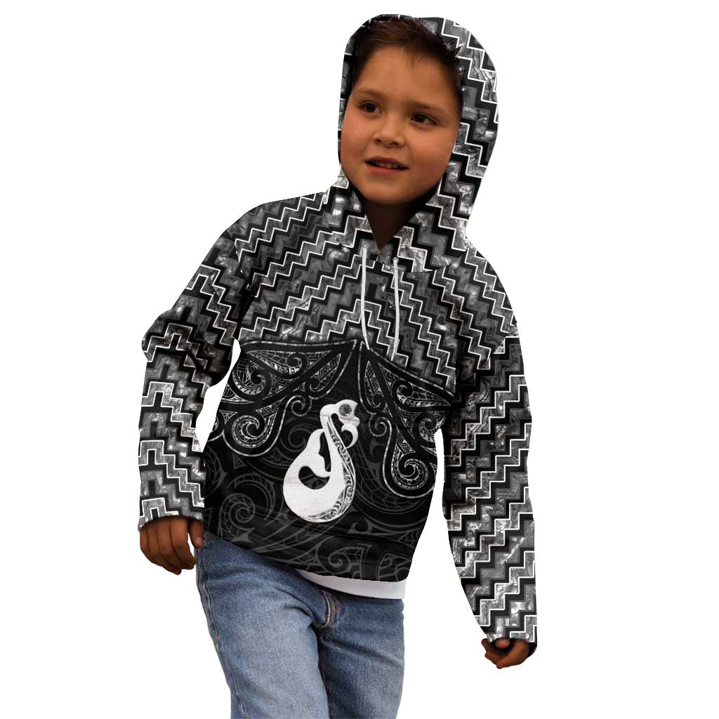 New Zealand Maori Kid Hoodie Poutama Manaia Black Paua Shell