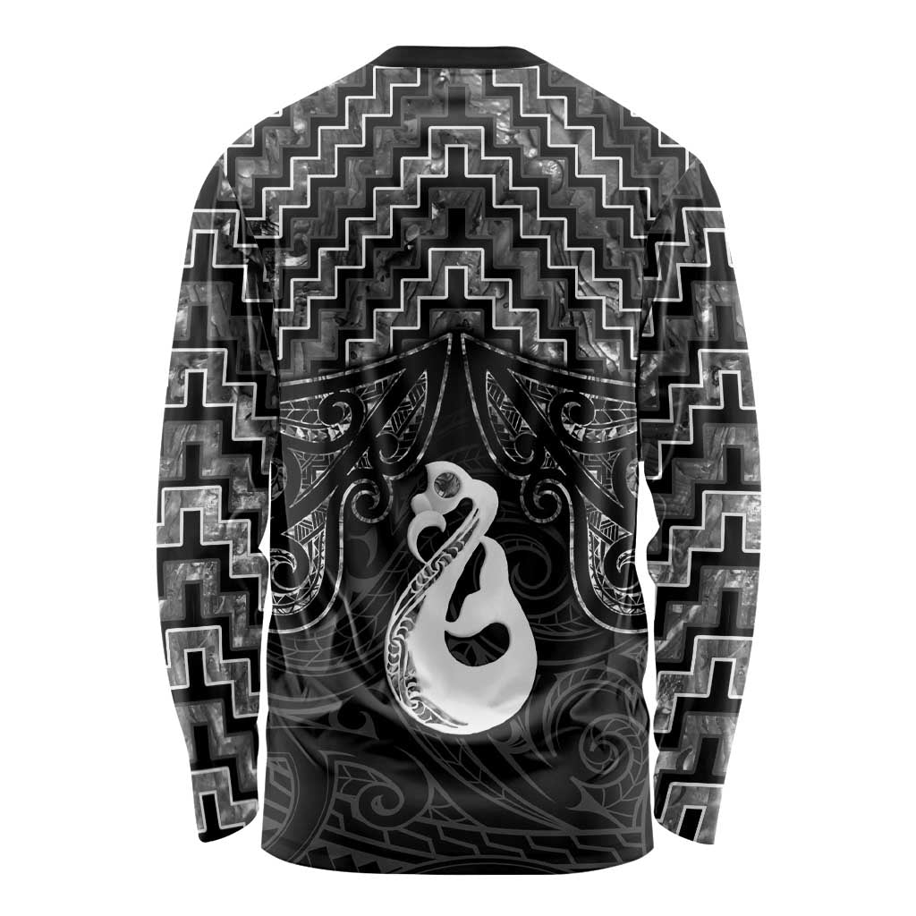 New Zealand Maori Long Sleeve Shirt Poutama Manaia Black Paua Shell