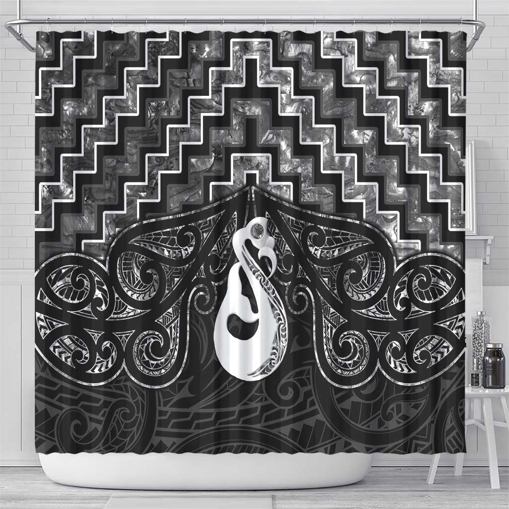 New Zealand Maori Shower Curtain Poutama Manaia Black Paua Shell LT05 - Polynesian Pride