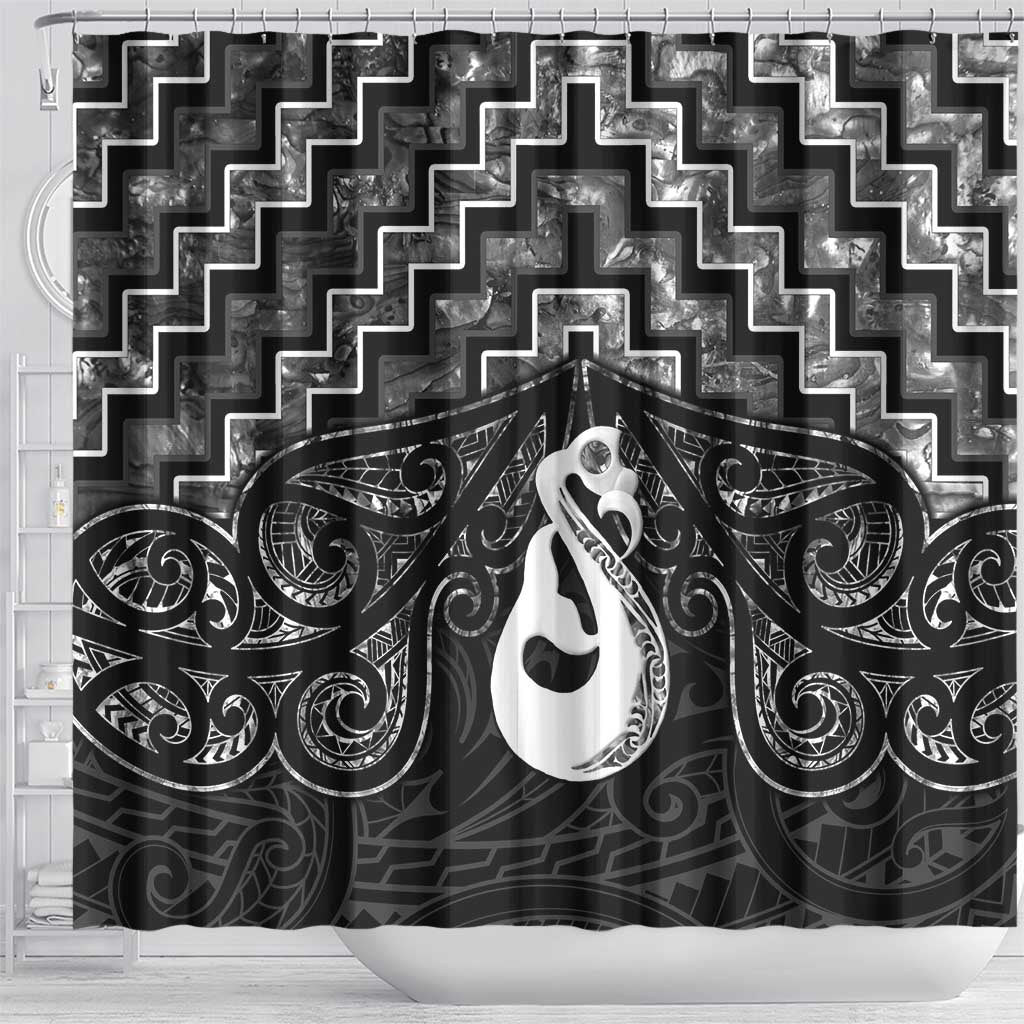 New Zealand Maori Shower Curtain Poutama Manaia Black Paua Shell LT05 - Polynesian Pride
