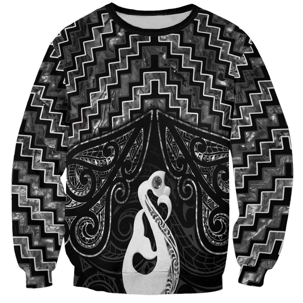 New Zealand Maori Sweatshirt Poutama Manaia Black Paua Shell