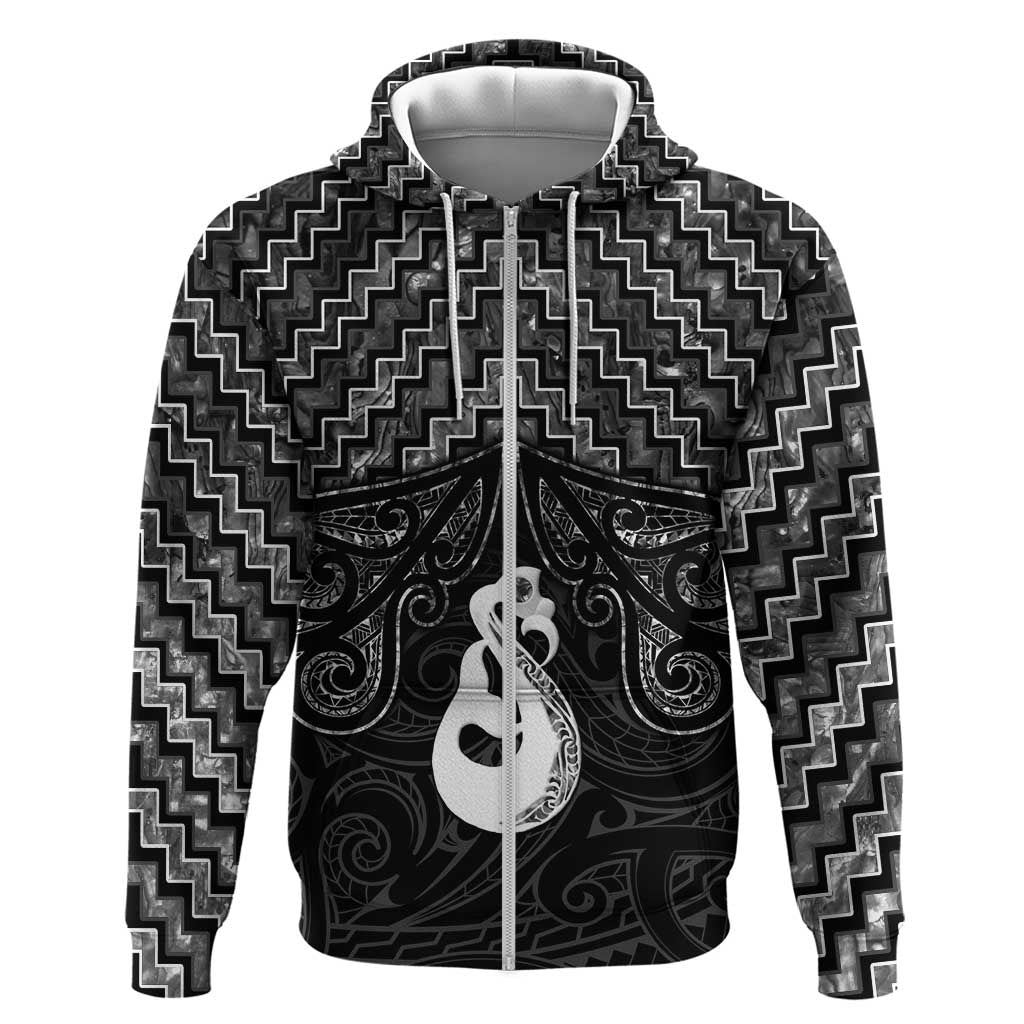 New Zealand Maori Zip Hoodie Poutama Manaia Black Paua Shell LT05 Zip Hoodie Black - Polynesian Pride