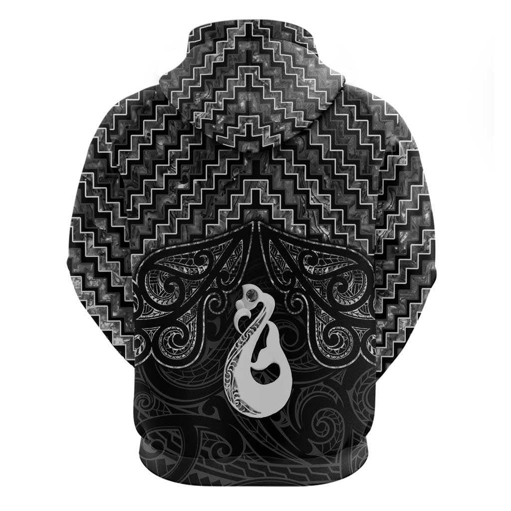 New Zealand Maori Zip Hoodie Poutama Manaia Black Paua Shell LT05 - Polynesian Pride