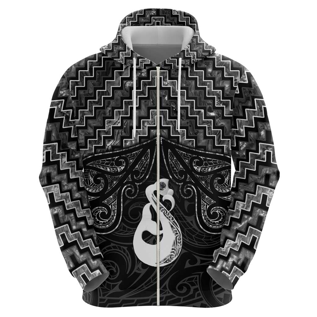 New Zealand Maori Zip Hoodie Poutama Manaia Black Paua Shell LT05 - Polynesian Pride