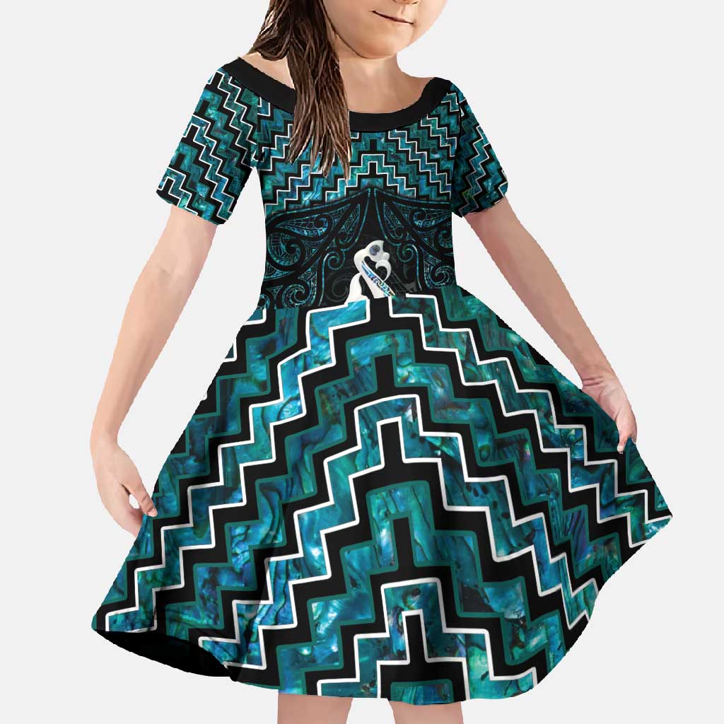 New Zealand Maori Family Matching Tank Maxi Dress and Hawaiian Shirt Poutama Manaia Turquoise Paua Shell LT05 Daughter's Dress Turquoise - Polynesian Pride