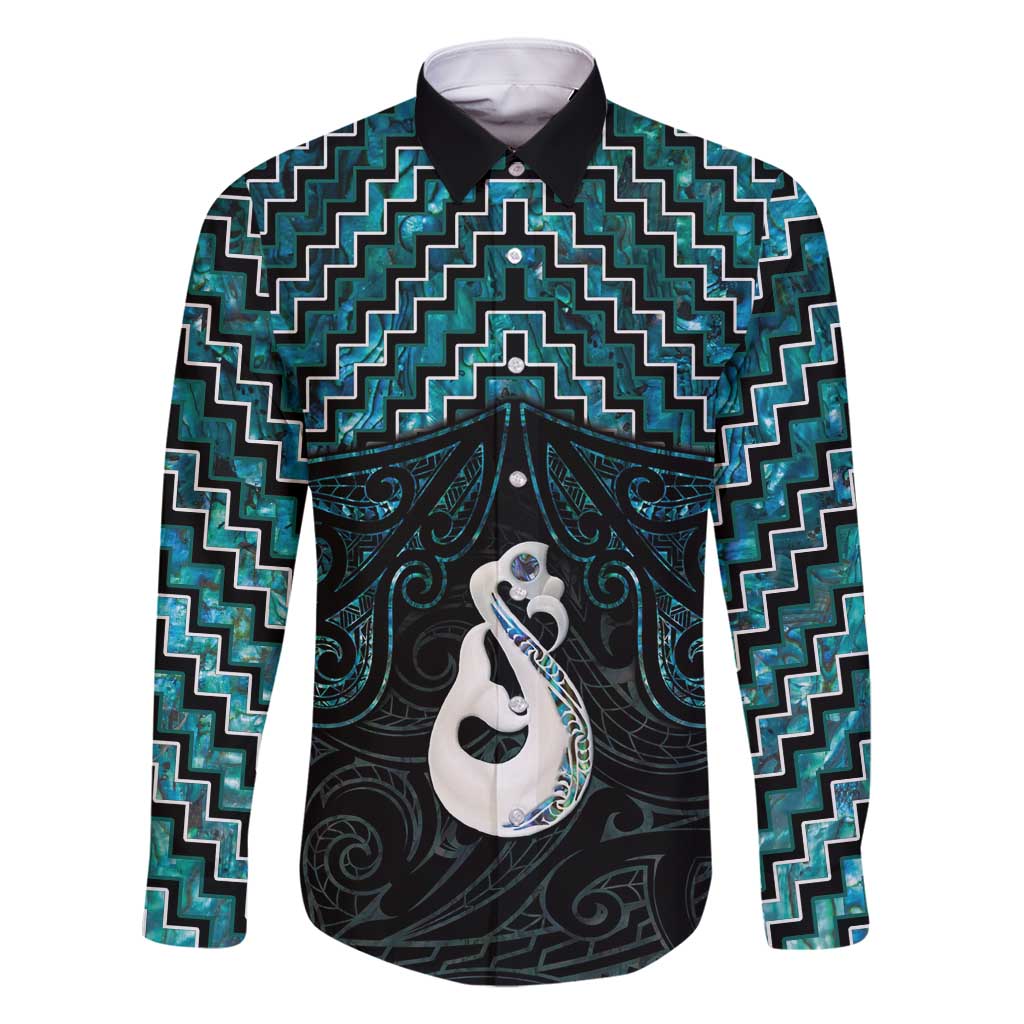 New Zealand Maori Family Matching Tank Maxi Dress and Hawaiian Shirt Poutama Manaia Turquoise Paua Shell LT05 Dad's Shirt - Long Sleeve Turquoise - Polynesian Pride
